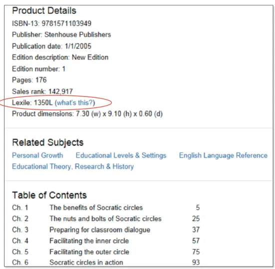 Figure 5: An example of a Barnes &amp; Noble webpage with the Lexile measure circled in red