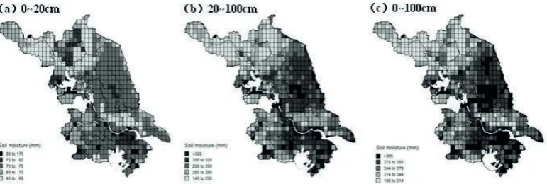 Fig. 4 Spatial distributions of simulated soil moisture of Jiangsu province.  
