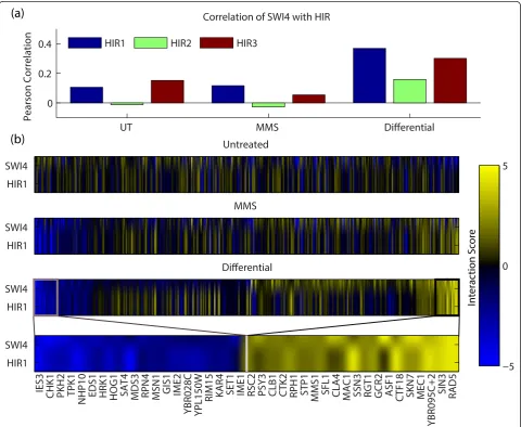 Figure 3 Differential profile similarity between SWI4 and HIR. (a) Bar plot showing the Pearson correlation of HIR1/2/3 profiles with SWI4 foruntreated (UT), MMS, and differential (dS) scores