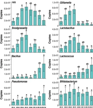FIG 6The change of copy numbers of overall bacteria (16S rRNA copies) and bacterial genera atdifferent time points for UQs (unmated queens)