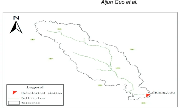Fig. 1 Locations of the hydrological station and seven meteorological stations in and around BRB