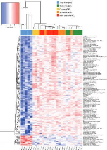 Figure 2. Details of the set of genes consistently differentially expressed between the Argentine ant native and introduced ranges, showing Z-score scaled log2-transformed TMMs with false discovery rate (FDR) < 0.05 and fold change (|FC|) > 1.1