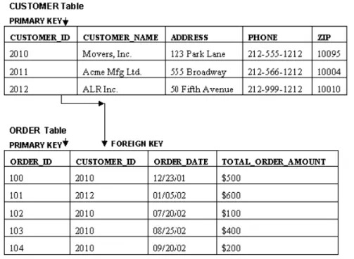 Figure 1.13  ■ One-to-many relationship example between CUSTOMER and ORDER table.