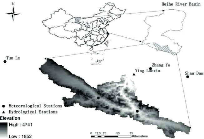Fig. 1  Map of gauge and meteorological stations and the location of Heihe River basin