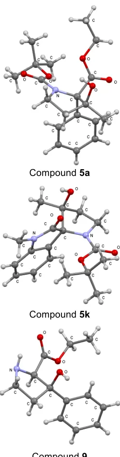 Figure 2. X-Ray crystal structures of pyrrolidines 5a, 5k and 9. 