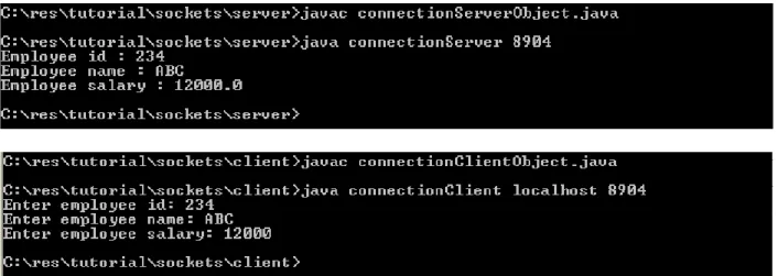 Figure 22: Screenshots of the Client-Server Program to Send and Receive Object of User- User-defined Class across Stream-mode Sockets 