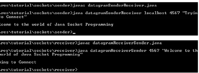 Figure 9: Screenshots of the Execution of datagramSenderReceiver.java and  datagramReceiverSender.java 