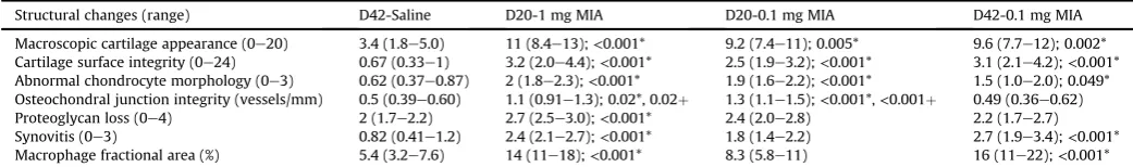 Fig. 2. Evidence of ineWallis test followed by post hoc 0.01. Asterisks (*) denote signiﬁewas characterised as synovial lining thickness/cellularity (Bd42-0.1 mg MIA-induced OA rats (Dwas higher for the d20-1 mg and d42-0.1 mg rats (He P < 0.05; **: P <I s