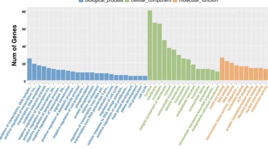 FIG 3Volcano graph of 296 differentially expressed genes between two groups. Red representsupregulated DEGs; blue represents downregulated DEGs.