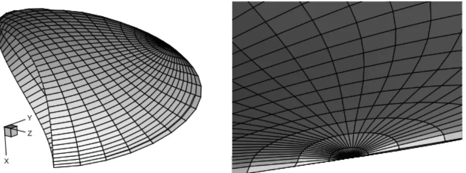 Figure 2: 65 × 17 grid obtained with a blending between the algebraic and orthog- orthog-onal grid generators on the blade of the P4119 propeller.