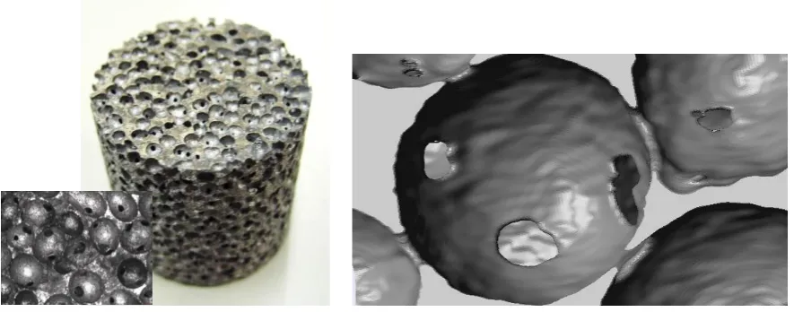 Fig 1  Optical micrographs, left of a porous sample made by vacuum casting using near-spherical NaCl beads [4] and right, an X-ray CT image showing the typical pore connectivity