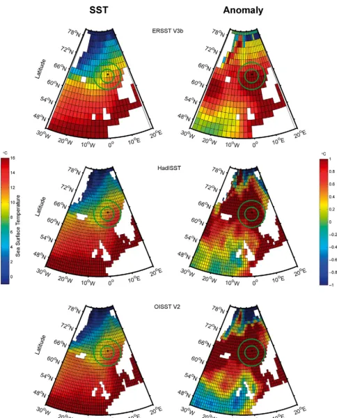 Fig. 1. Gridded sea surface temperature (SST) fields used to estimate the mean monthly eastern North Atlantic SST and SSTanomaly for ERSST V3b, HadISST and OISST V2 datasets (example month shown, July 2008)
