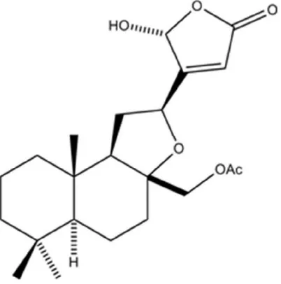 Figure 1. Chemical structure of 17-O[(12S)-17-acetoxy-8a,12-epoxy-16(R)-hydroxylabd-13(14)Z-en-15,16-olide].-acetylacuminolidedoi:10.1371/journal.pone.0015105.g001