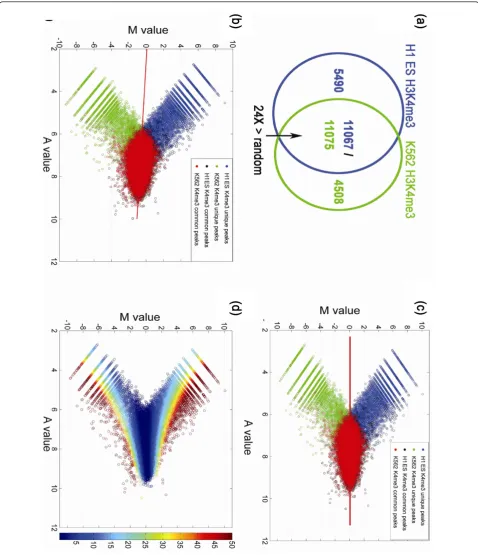 Figure 2 Normalization of H3K4me3 ChIP-Seq data in H1 ES cells and K562 cells. (a)associated with | Venn diagram representing the overlap of H3K4me3peaks between H1 ES and K562 cells