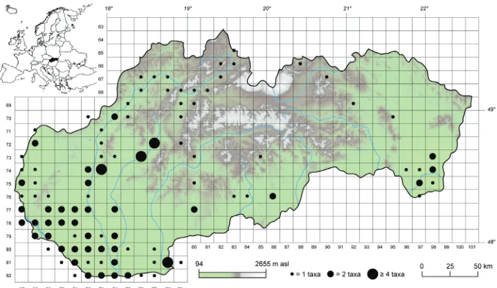 Figure 1. Spatial distribution of alien aquatic plants in Slovakia at the scale of the Central European Flora Mapping System.
