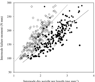 Fig. 5 Dry weight per unit length plotted against internode failure moment of internode 1 (diamonds),