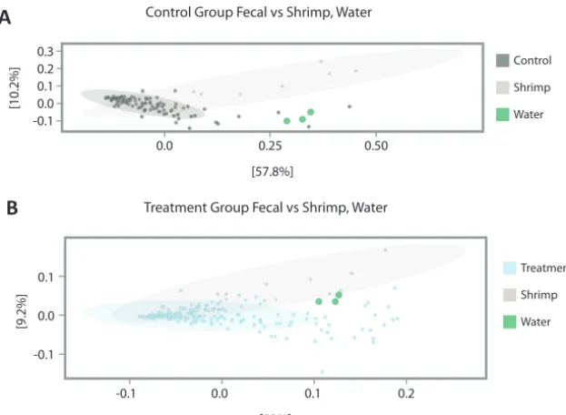 FIG 4Principal-coordinate analysis (PCoA) of weighted UniFrac �-diversity comparing shrimp, tankwater, and (A) fecal samples of treatment cuttleﬁsh and (B) fecal samples of control cuttleﬁsh