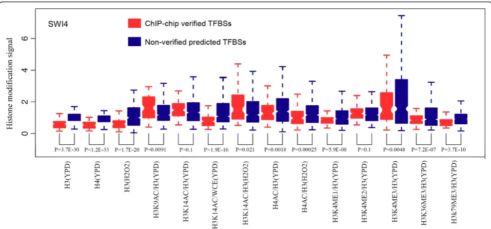 Figure 1 Differential histone occupation and modifications between ChIP-chip verified TFBSs and non-verified motif matching sitesShowing SWI4 as an example, most histone modifications (in different colors) are significantly different between ChIP-chip verified TFBSs (leftboxes), which have binding motifs and are bound by TFs in ChIP-chip experiments, and non-verified motif matching sites (right boxes), whichhave matching motifs but are not bound by TFs.