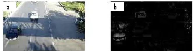 Figure 11. Moving object detection based on saturation and value. (a) Video frame number 22(b) moving object based on saturation and value