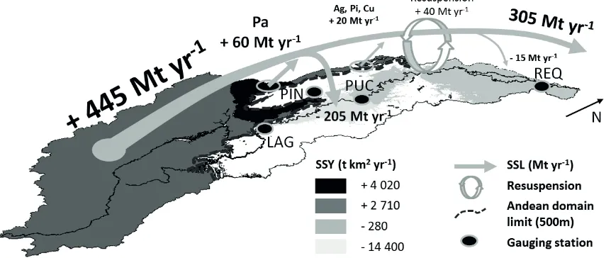 Fig. 3 Spatial distribution of SSY and the sediment budget in the Ucayali River basin