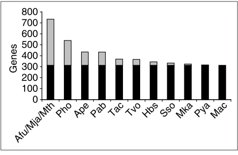 Figure 2Functional breakdown of genes within the conserved archaeal core.‘Universal’ indicates genes with orthologs in both bacteria and eukaryotes;‘eukaryotic’, genes with orthologs only in eukaryotes; ‘bacterial’, geneswith orthologs only in bacteria; ‘a