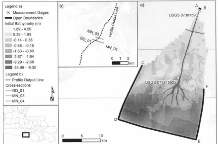 Fig. 1 (a) Wax Lake Delta Delft3D model domain and initial bathymetry. Model open boundaries are indicated by thick black lines