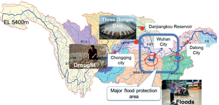 Fig. 1 Changjiang River basin. Water issues are droughts and floods in the upper reach; floods in the middle reach due to its low elevation and the sudden change from mountain areas to flood plains; and floods and navigation issues in the lower reach