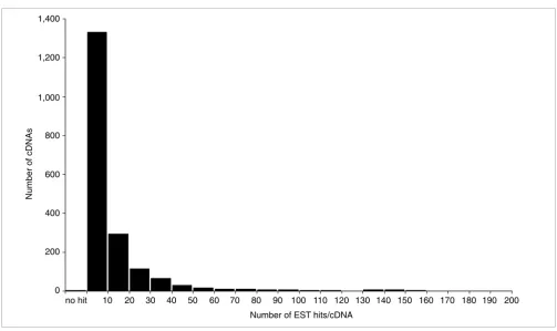 Figure 3Frequency distribution of ESTs having homology to the bidirectional transcript pairs