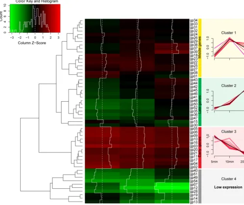 FIG 2 Transcriptomic proﬁle of�genes ( �Abp1 genes in the host cells. (Left) Hierarchical cluster heat map of �Abp1 genes; (right) expression level of each cluster ofAbp1 genes