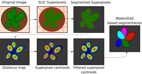 Fig. 4: Example images of each of the steps in the Not-tingham approach. First row: original image (left), SLICsuperpixels (center), thresholded superpixels (right).Second row: distance map with superpixel centroids(left), ﬁltered superpixel centroids (middle), watershedsegmentation (right).