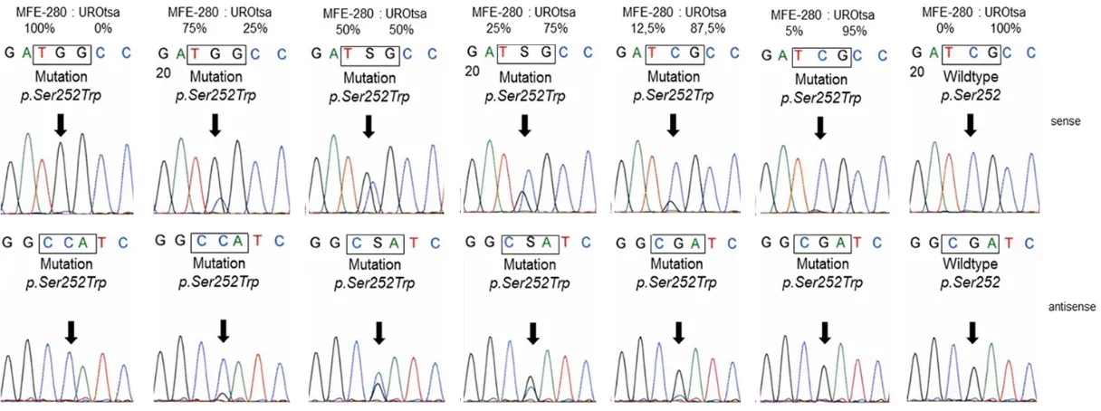Figure 2. Sequencing analysis of FGFR2 codon p.Ser252 and p.Pro253 in MFE-280 DNA spiked with DNA from UROtsa cells