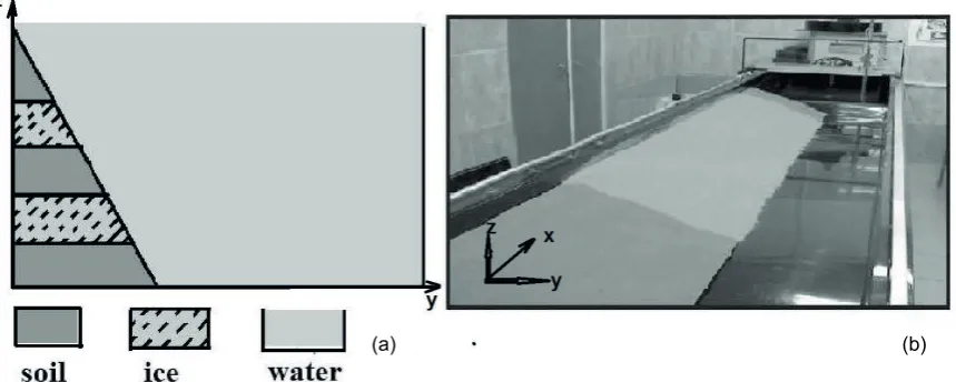 Fig. 1 A cross section (plane y-z) corresponding to the laboratory experiments (a) and the photo of the tray (b)