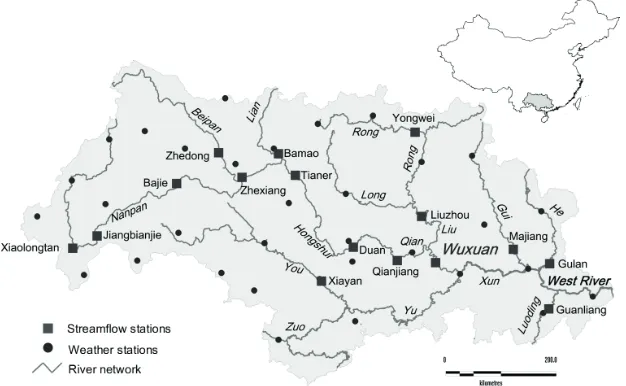 Fig. 2 Meteorological and streamflow stations in the West River basin. 