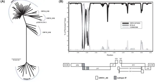 Figure 3. Phylogenetic and recombination analysis of HIV-1 CRF33_01B molecular clone p05MYKL045.1