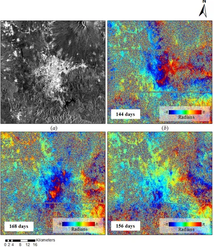 Figure 10.  ( a) Average amplitude image of the city of Puebla; (b-d) three long temporal baseline interferograms of Puebla indicating no clear large and persistent displacement over the period of Sentinel-1 observations (3 October 2014 and 24 February 201