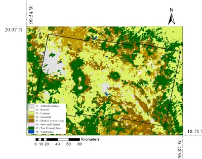 Figure 4.  Land cover map of the area surveyed using Sentinel-1. Figure adapted from  the FAO Global Land Cover (GLC-SHARE) Beta-Release 1.0 Database, Land and Water Division, John Latham, Renato Cumani, Ilaria Rosati and Mario Bloise, 2014: http://www.fao