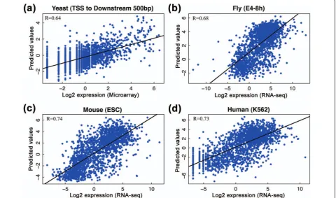 Figure 10 Prediction accuracy of the chromatin model in four other species. (a-d) Expression levels of genes are predicted using the SVRmethod