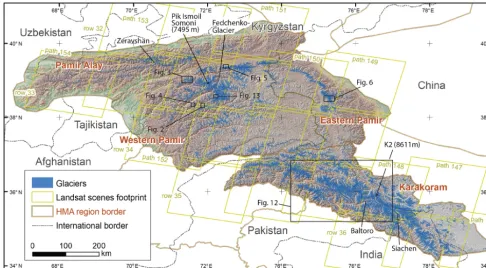 Figure 1. The study region in High Mountain Asia (HMA) covers four mountain ranges. Annotations denote locations of ﬁgures in the paperand points of orientation