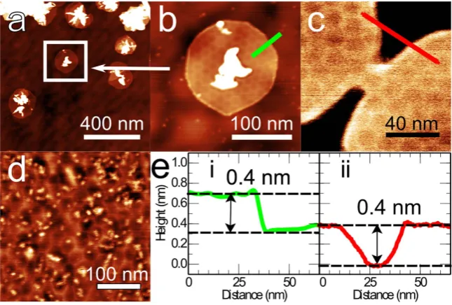 Figure 3. Intermediate stages of growth: (a) AC mode AFM images of graphene islands forming around carbon deposits on the hBN surface after 1 hour of growth; (b) island indicated by the box in (a,c) two graphene domains coalescing; (d) graphene on hBN after 4 hours of growth showing a distorted moiré pattern and deposits on hBN; (e) AFM height profiles across the regions indicated in (b,c).