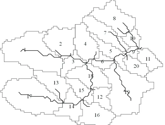 Fig. 1 Drainage network and delineated sub-basins of the Dongwan catchment. 