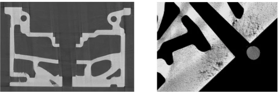 Figure 3. Examples of an XCT slice of an aluminium sand cast engine cylinder head and of porosities found when producing parts by this method