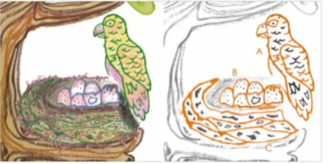 Fig 12. Left: Pattern group comprising nest, eggs and birds. Right: cyan filter (code in orange)