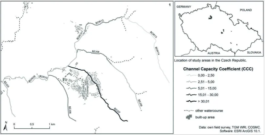 Fig. 2 Spatial variability of the CCC values within the selected section of the watercourse (the Borovsky Brook) and an overview of all interested basins in the Czech Republic
