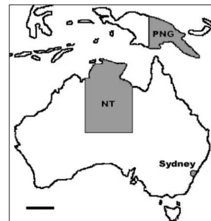 FIG. 1. Regional map showing areas from which isolates were ob-tained. Scale bar, 1,000 km.