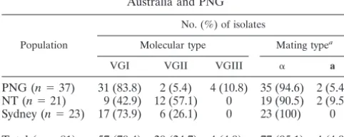 FIG. 2. Molecular typing proﬁles generated via RFLP analysis of URA5strains from PNG; lanes I to IV, molecular type standard strains WM179 (VGI), Ram2 (VGII), WM161 (VGIII), and WM779 (VGIV)