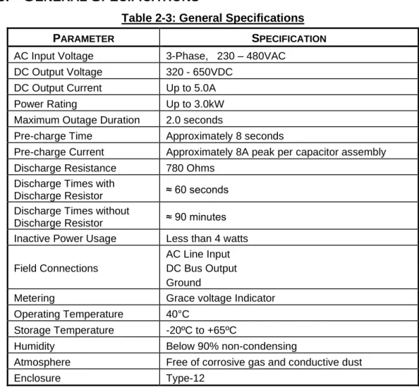 Table 2-3: General Specifications 