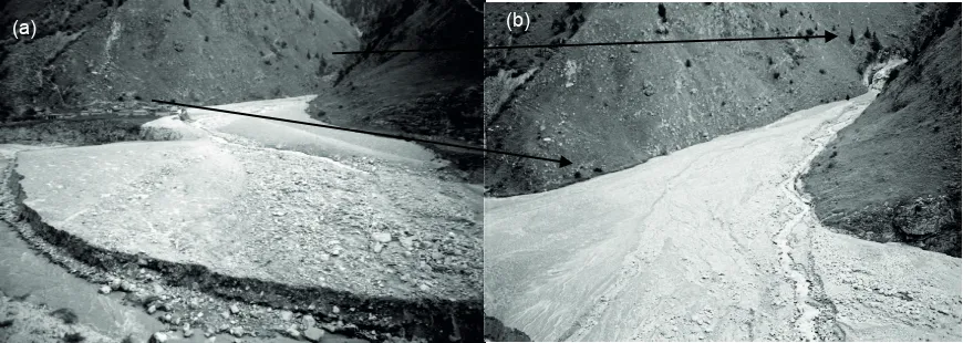 Fig. 1 (a) GLOF led debris flow in Gankhwi Gad (photo supplied by Prof. MPS Bisht), (b) The Siagari village was completely destroyed