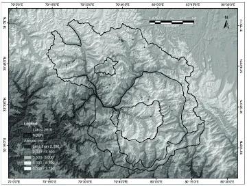 Fig. 3 Scatter plots of area of glacial lake vs elevation. The area of glacial lakes has been derived from Landsat satellite TM5 images of 3 November 2009 and 6 November 2010 and elevation from ASTER GDEM2 Image