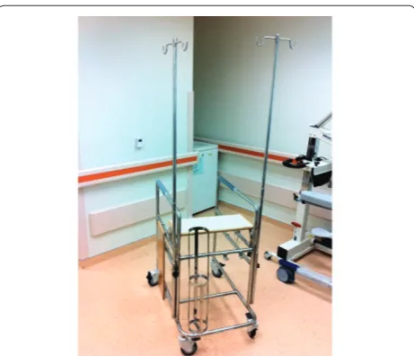 Figure 2. Custom-made walker for ventilated patients. The walker incorporates a walking frame on wheels, intravenous pole, oxygen basket and platform to support a ventilator, all in a single device.
