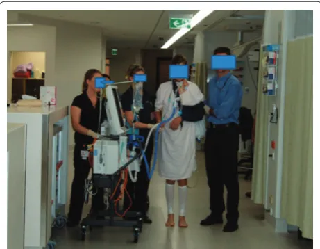 Figure 3. A ventilated patient walking with assistance of physical therapists and a trolley.
